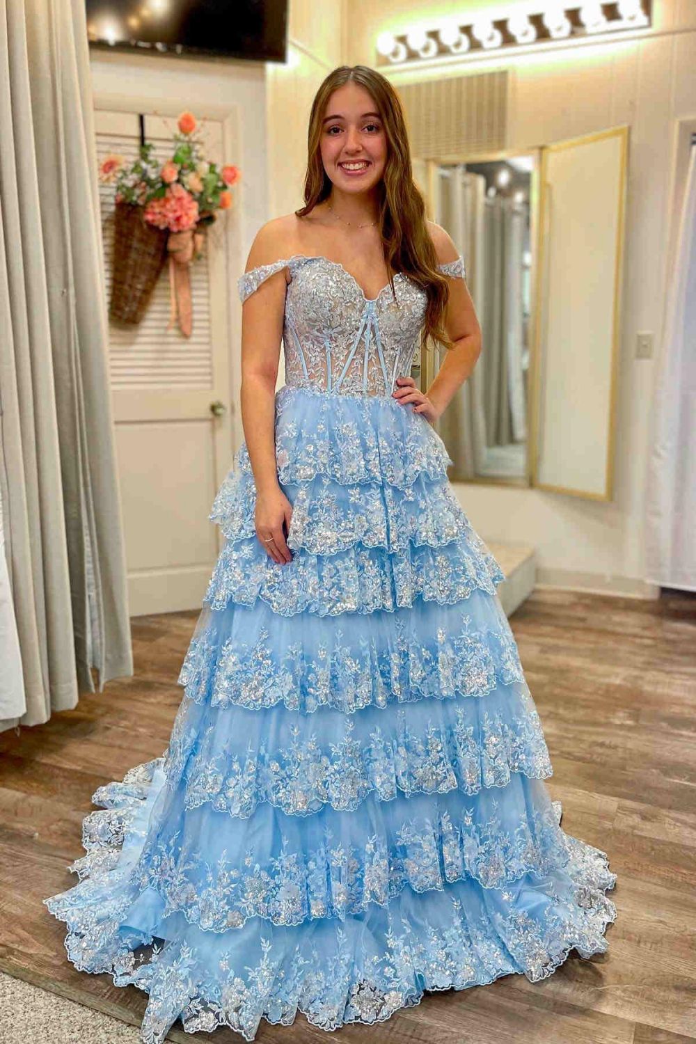 Gorgeous Gold A-Line Off The Shoulder Lace Up Long Prom Dress with Sequin