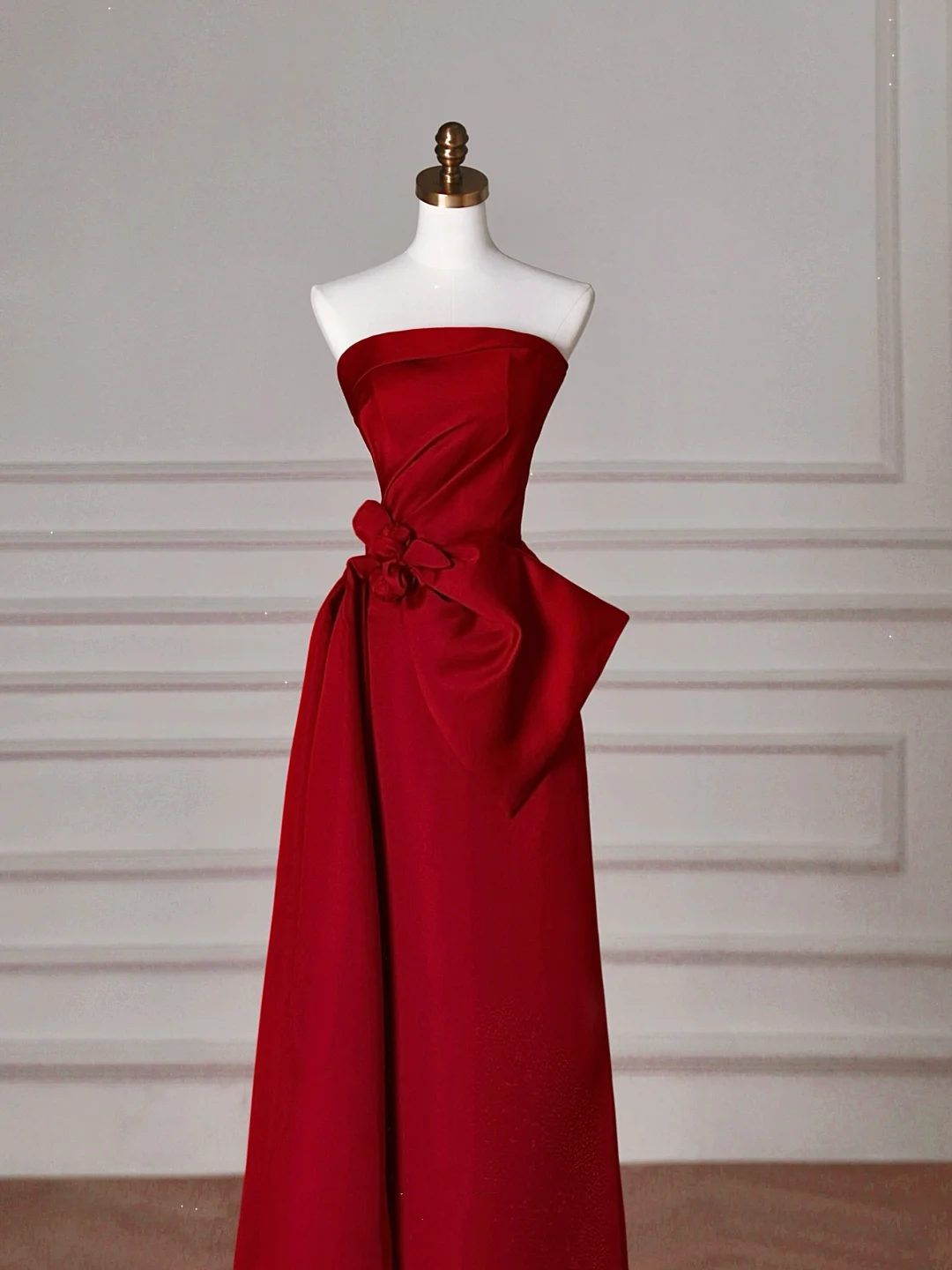 Elegant Red Satin Strapless Prom Dress A Line Formal Evening Dress Y8624