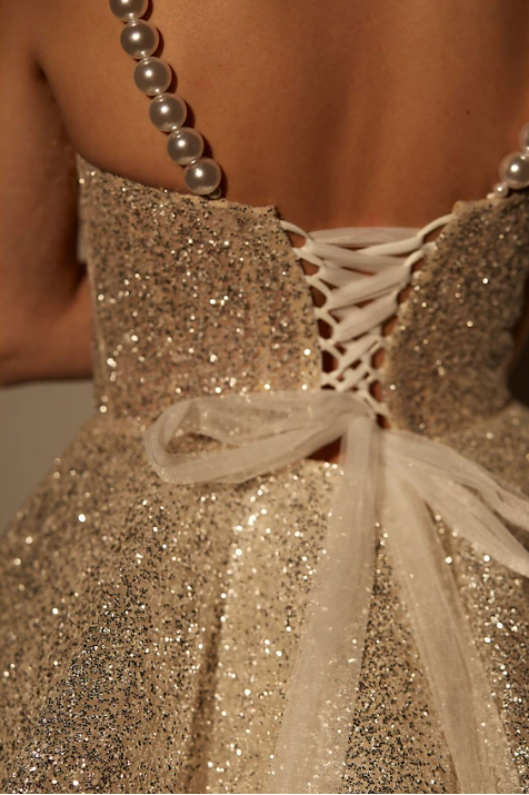 Glitter Champagne Sequin A Line Homecoming Dress Cocktail Dress Spaghetti Straps Short Birthday Dress - View 3 | VelvetHem