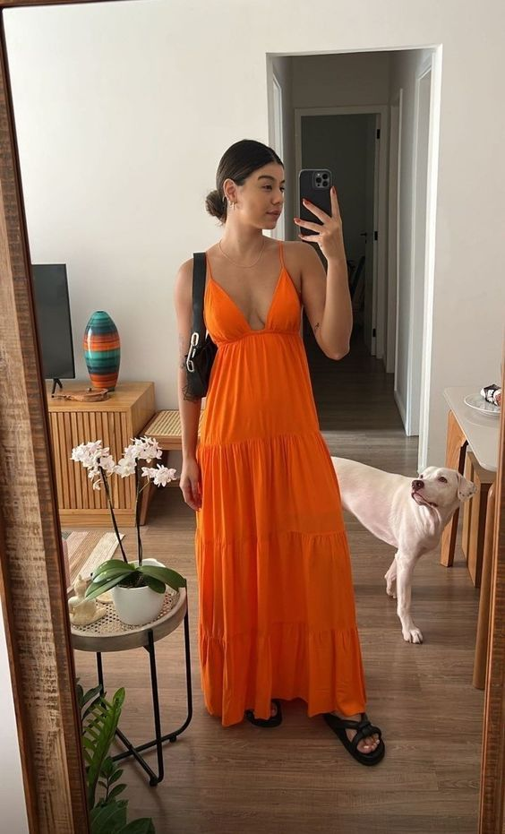 A-line V Neck Orange Chiffon Prom Dress,Orange Beach Dress - View 4 | VelvetHem