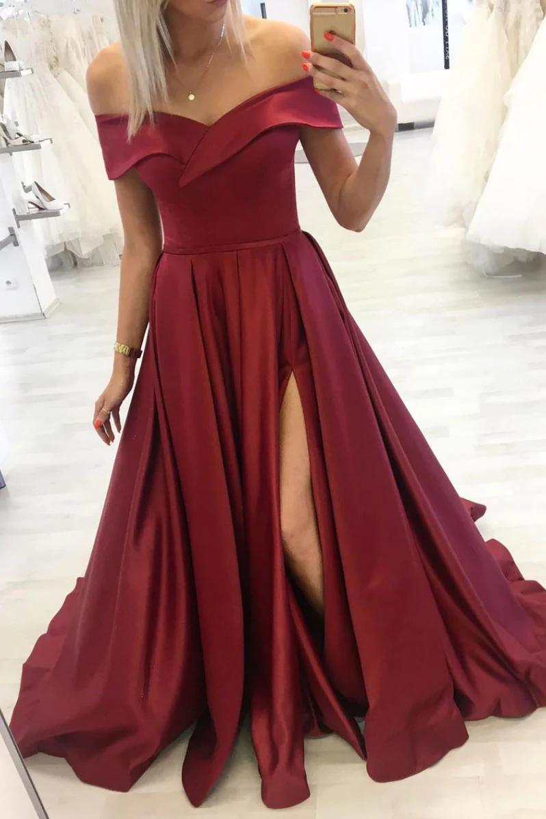 Simple burgundy off shoulder long prom dress burgundy evening dress Y253 - VelvetHem