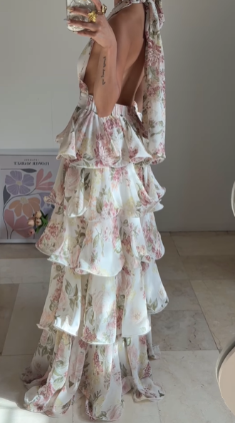 Gorgeous Halter Chiffon Print Floral Layered Evening Dress,Back A Line Prom Party Dress - View 4 | VelvetHem