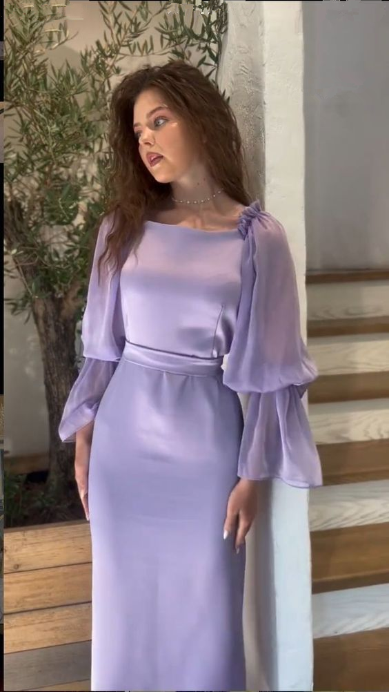 Lavender Puff-Sleeve Sheath/Column Evening Dress ,Winter Party Outfit Aesthetic - VelvetHem