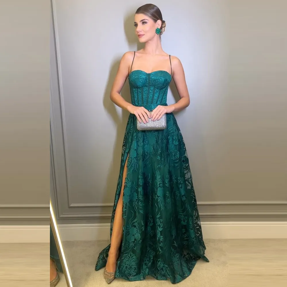 Vintage Evening Dresses Spaghetti Straps Prom Dresses Backless Lace A-Line Sleeveless Party Gown Y4923