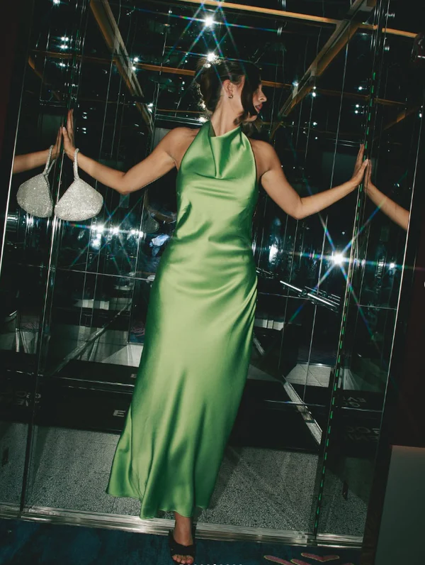 Simple Halter Green Satin Backless Evening Dress,Long Party Prom Dress - VelvetHem