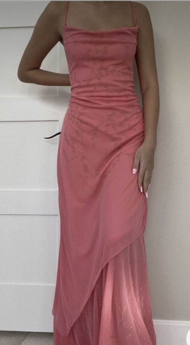 Classy Spaghetti Straps Pink Sheath Long Chiffon Prom Dress Party Evening Gown - VelvetHem