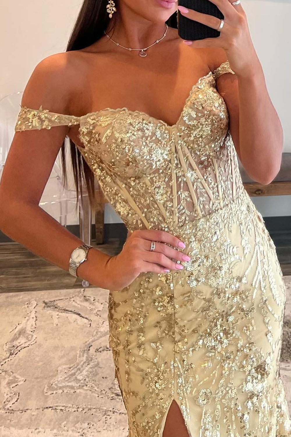 Golden Sparkly Off The Shoulder Mermaid Long Prom Dress with Slit - View 4 | VelvetHem