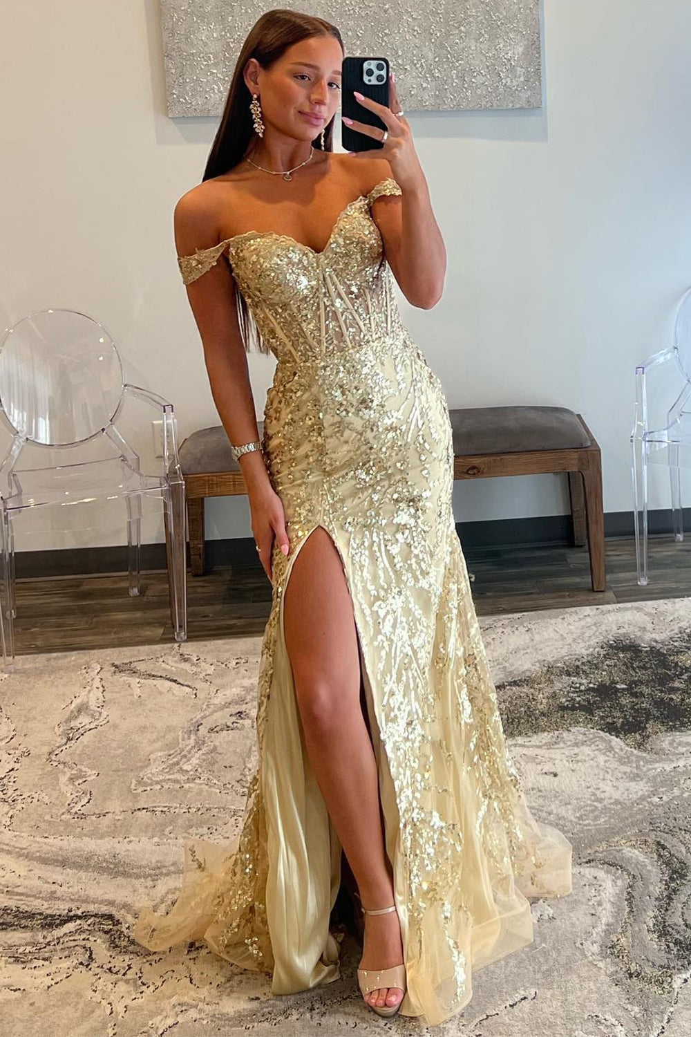 Golden Sparkly Off The Shoulder Mermaid Long Prom Dress with Slit - VelvetHem