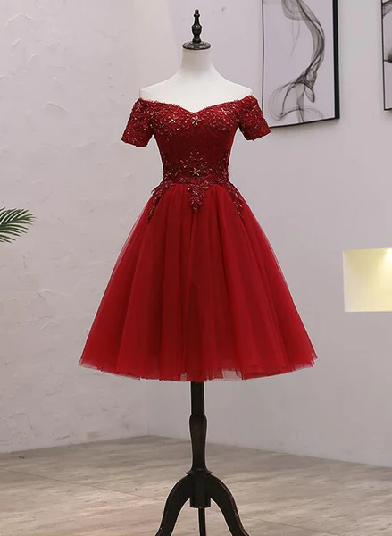 Tulle Dark Red Off The Shoulder Knee Length Homecoming Dress, Red Party Dress - View 2 | VelvetHem