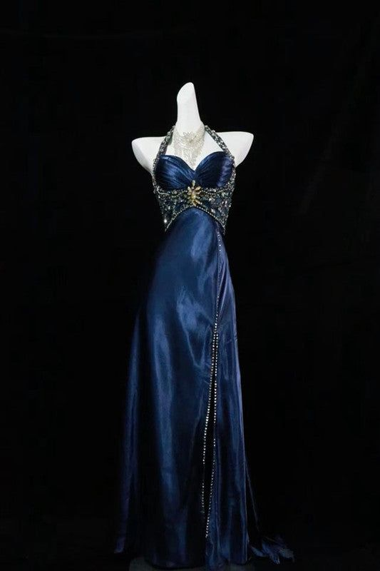 Gorgeous Halter Beaded Navy Blue Prom Dress Slit Party Evening Dress - VelvetHem