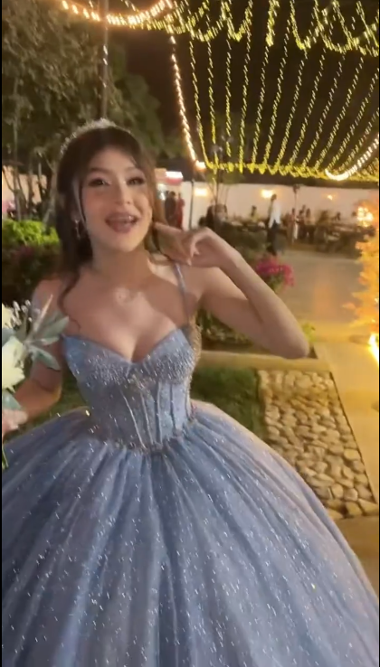 Glitter Spaghetti Straps Blue Tulle Sequin Beaded Ball Gown Formal Birthday Quinceanera Dress - View 4 | VelvetHem