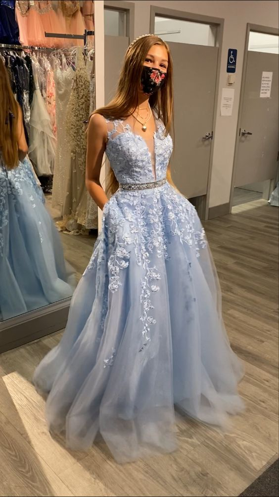Light blue v-neck long A-line prom dress new arrive evening dress Y6464 - VelvetHem
