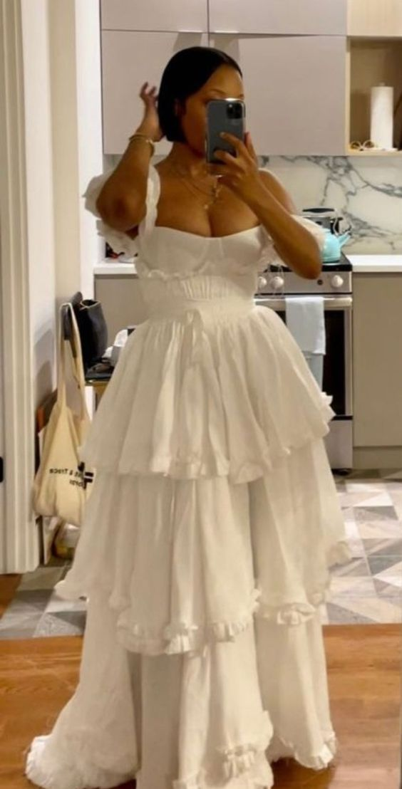 Elegant White Straps Ruffles Floor Length Prom Dress A Line Layered Party Evening Dress - VelvetHem