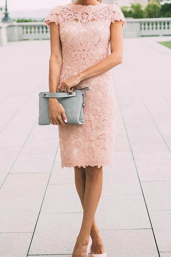 Chic Pink Cap Sleeves Lace Knee Length Short Prom Dresses by Ombreprom
