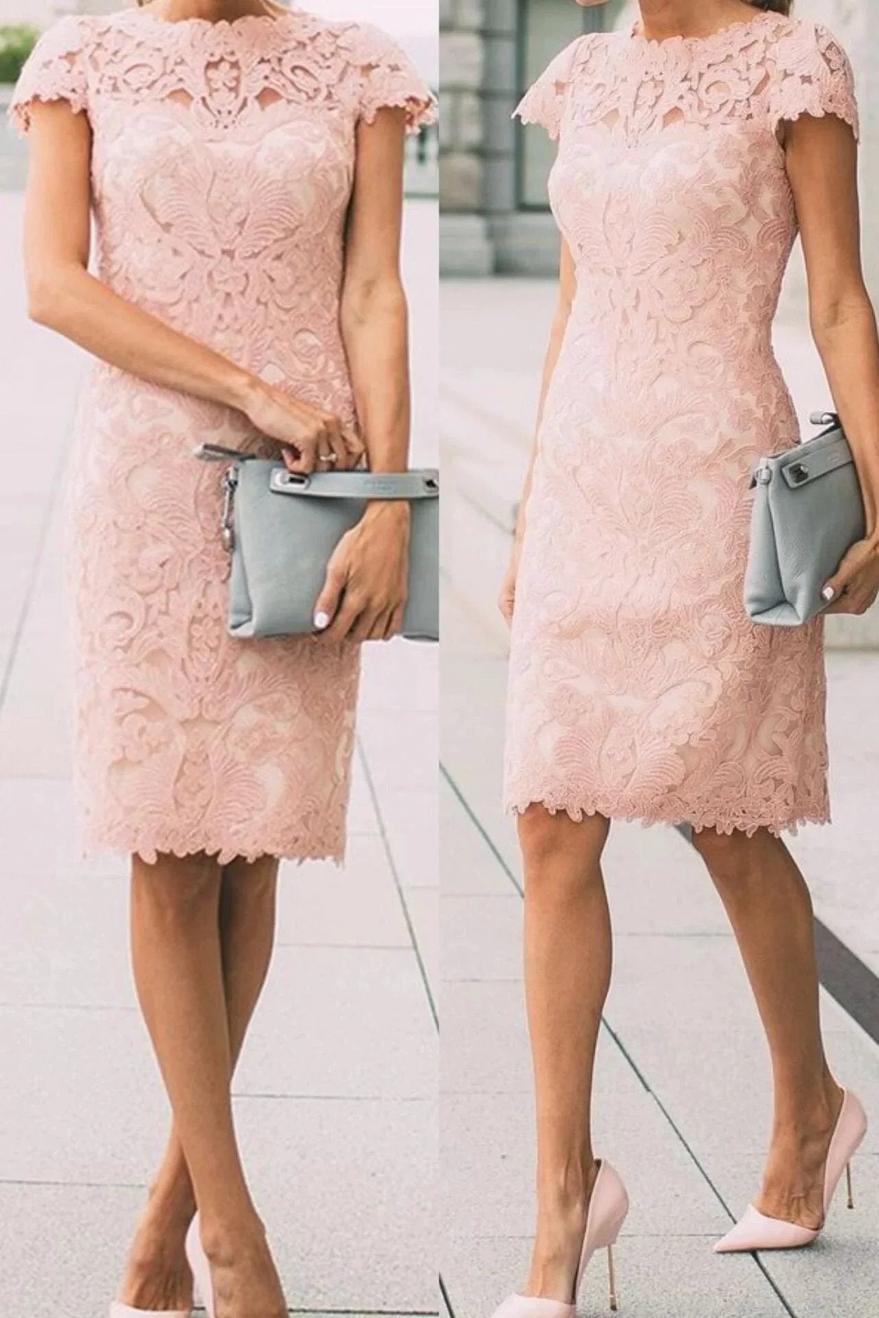 Chic Pink Cap Sleeves Lace Knee Length Short Prom Dresses (ZD11511)