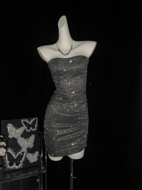 Glitter Silver Strapless Sheath Short Cocktail Dress Homecoming Dress