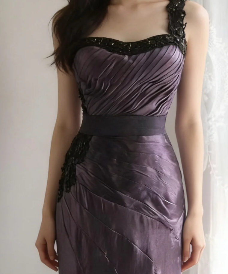 Unique One Shoulder Purple Satin Pleated Tulle Appliques Long Party Dress Birthday Prom Dress - View 2 | VelvetHem
