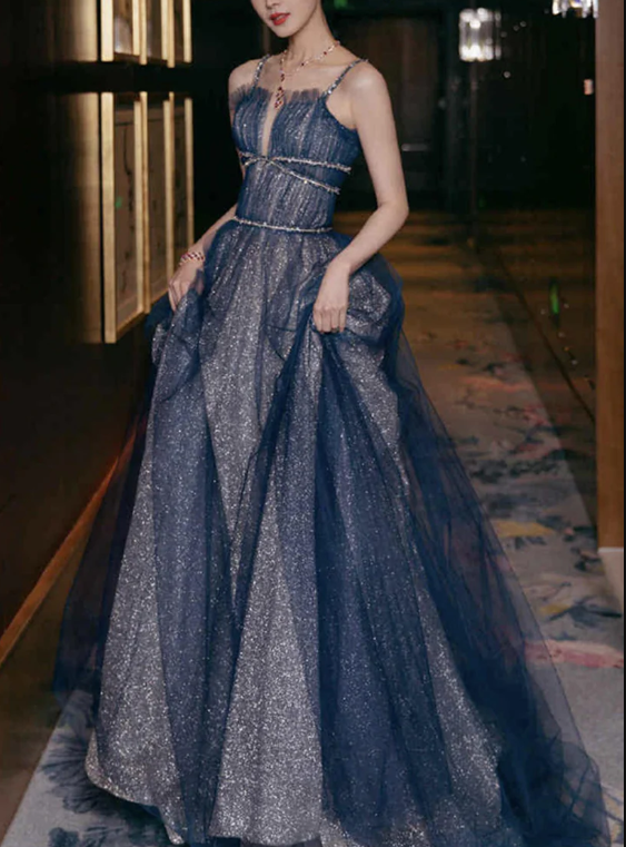 Shiny tulle long A line prom dress blue evening dress - VelvetHem