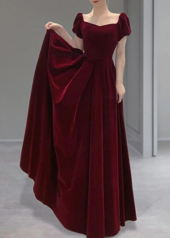 A Line Burgundy Velvet Long Prom Dresses - VelvetHem