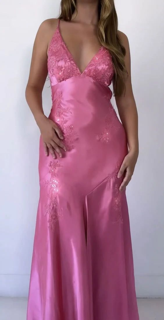 Unique Pink Satin Beaded Mermaid Evening Dress Long Prom Dress - VelvetHem