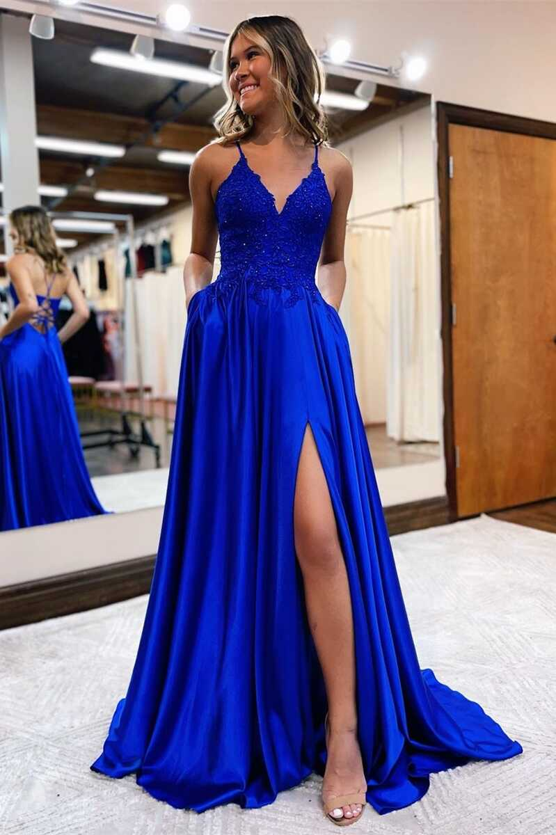 Royal Blue Lace Lace-Up Long Prom Dress - VelvetHem