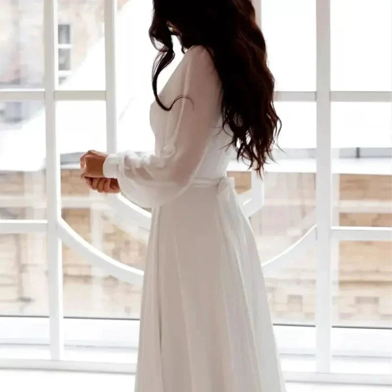 A Line Chiffon Wedding Dresses White Dresses Womens vestidos boda playa vestidos de boda Elopment Full Sleeve Simple (ZD13422)