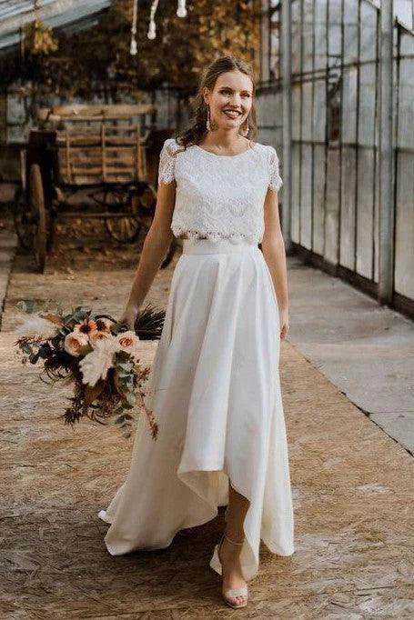 Wedding Dresses Lace A Line Two Piece Chiffon Half Sleeve High Low - VelvetHem
