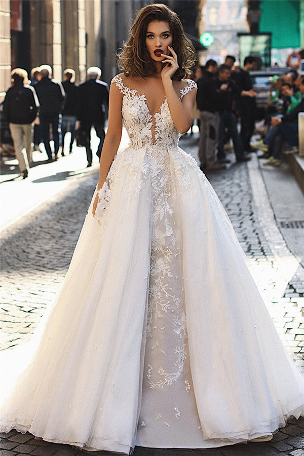Lace Appliques Beads Overskirt Tulle Wedding Dresses | Cap Sleeves Sheer Back Sexy Bridal Gowns