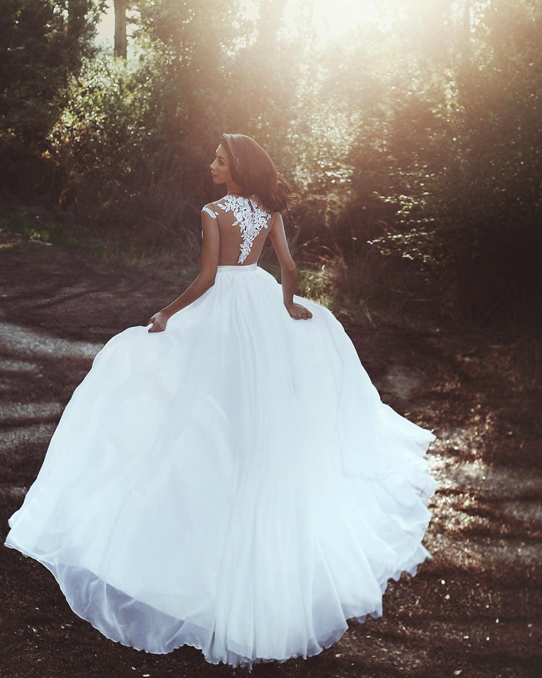 Lace Appliques Chiffon Beach Wedding Dresses Sexy | Front Slit sheer Bride Dress