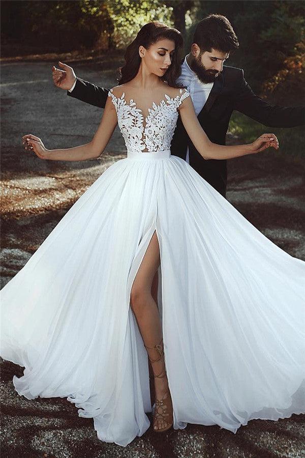 Lace Appliques Chiffon Beach Wedding Dresses Sexy | Front Slit sheer Bride Dress