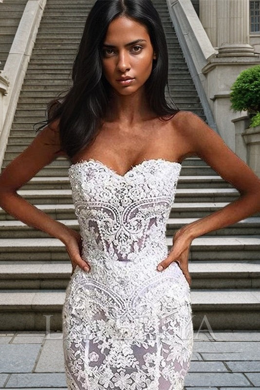 Lace Appliques Sweetheart Evening Gowns White Sheer Mermaid Beach Wedding Dresses