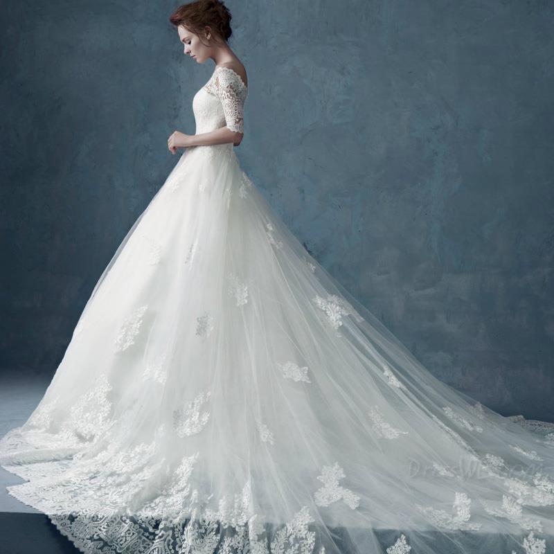 Lace Cathedral Train Off-the-Shoulder Wedding Dresses Elbow Sleeves Charming White Bridal Gowns