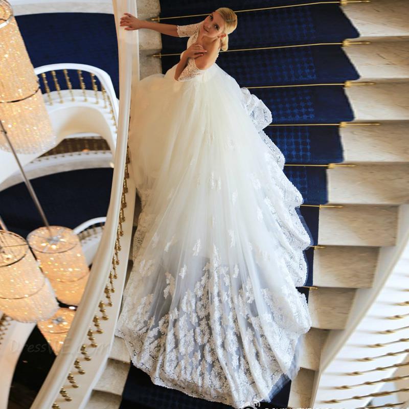 Lace Cathedral Train Off-the-Shoulder Wedding Dresses Elbow Sleeves Charming White Bridal Gowns