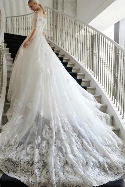 Lace Cathedral Train Off-the-Shoulder Wedding Dresses Elbow Sleeves Charming White Bridal Gowns