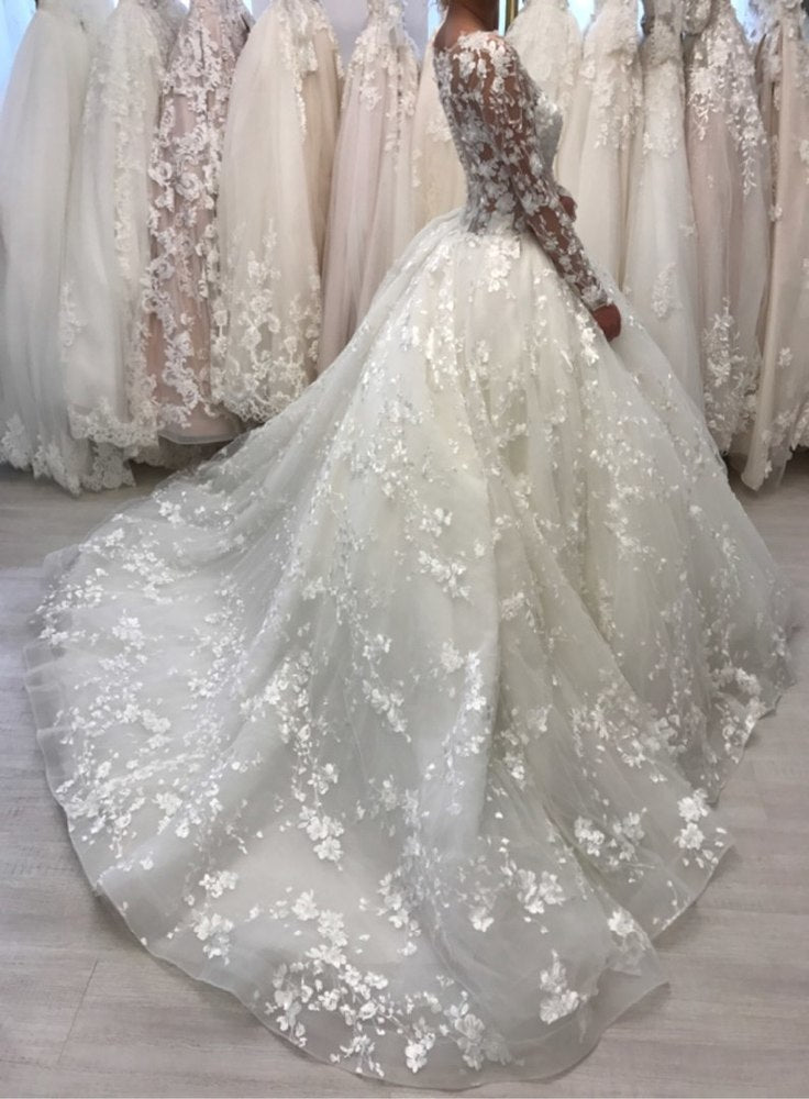 Lace Long Sleeve Ball Gown Wedding Dresses | Sheer Tulle Appliques Bridal Gowns Online