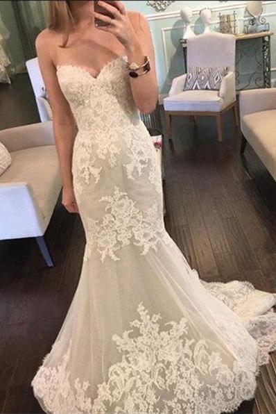 Lace Mermaid Sweetheart Bridal Gowns New Tulle Long Wedding Dresses BA3980