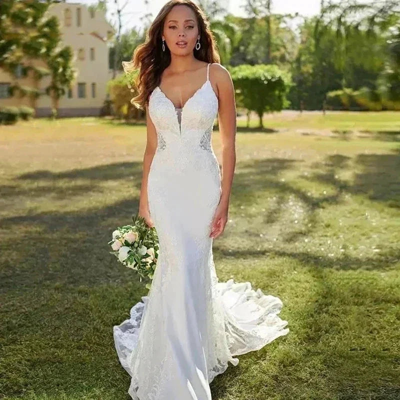 Lace Mermaid Wedding Dresses Sling Sexy V-Neck Women's Open Back Decal Sleeveless Button Long Bridal Gowns Church Sweeping Train by payinti