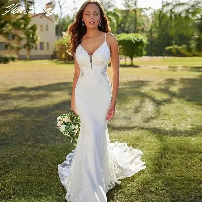 Lace Mermaid Wedding Dresses Spaghetti Straps Sexy V-Neck Backless Appliques Sleeveless Button Long Bride Gown Train Real Photos (ZD13304) - VelvetHem