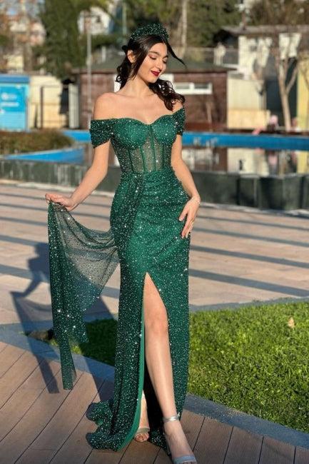 Lace Prom Dress Off The Shoulder Sweetheart Sleeveless Green Formal Dress With Slit