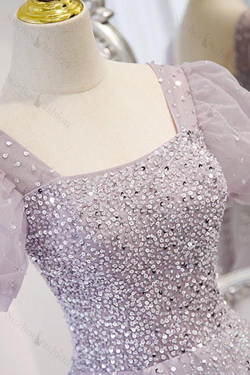 Lace Up Evening Formal Dress Beadings A Line Short Sleeves Prom Dress