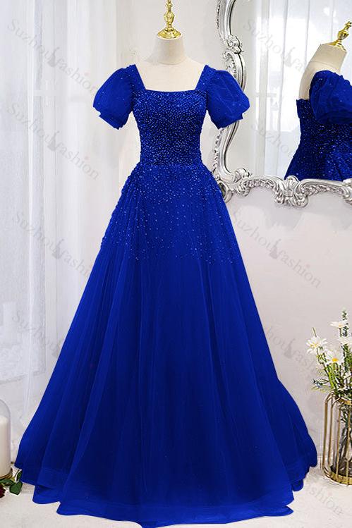 Lace Up Evening Formal Dress Beadings A Line Short Sleeves Prom Dress
