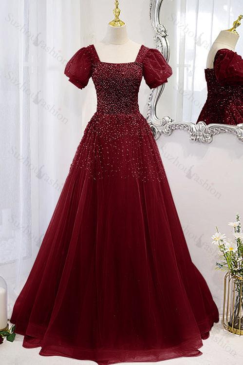 Lace Up Evening Formal Dress Beadings A Line Short Sleeves Prom Dress