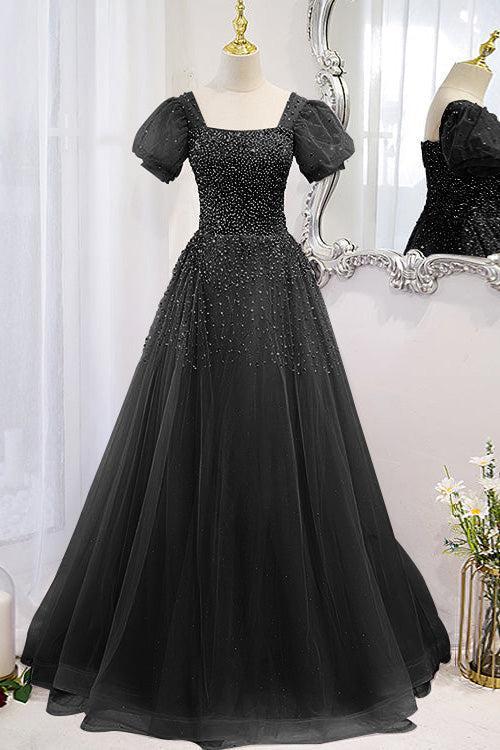 Lace Up Evening Formal Dress Beadings A Line Short Sleeves Prom Dress