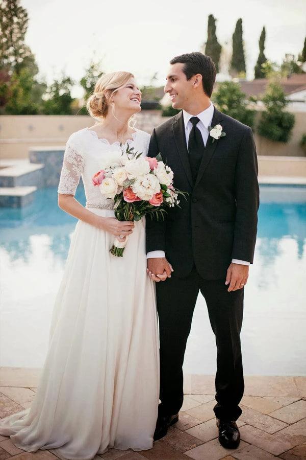 Lace A-Line Beading Ivory Half Sleeve Wedding Dress (ZD16055) - VelvetHem