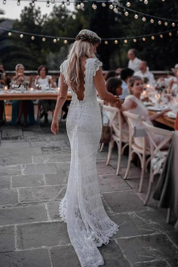 Lace Boho Mermaid Backless Cap Sleeve Bohemian Wedding Dresses (ZD13996) - VelvetHem