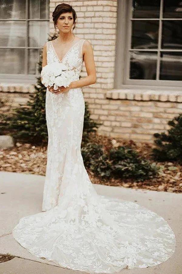 Lace Deep V-neck Bohemian Wedding Dress Mermaid Bridal Gown (ZD16077) - VelvetHem