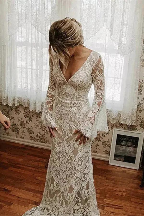 Lace Mermaid V-neck Long Sleeves Backless Bohemian Wedding Dresses (ZD16167)