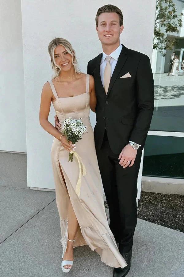 Lace Up A-Line Champagne Bridesmaid Dress with Slit (ZD12832) - VelvetHem
