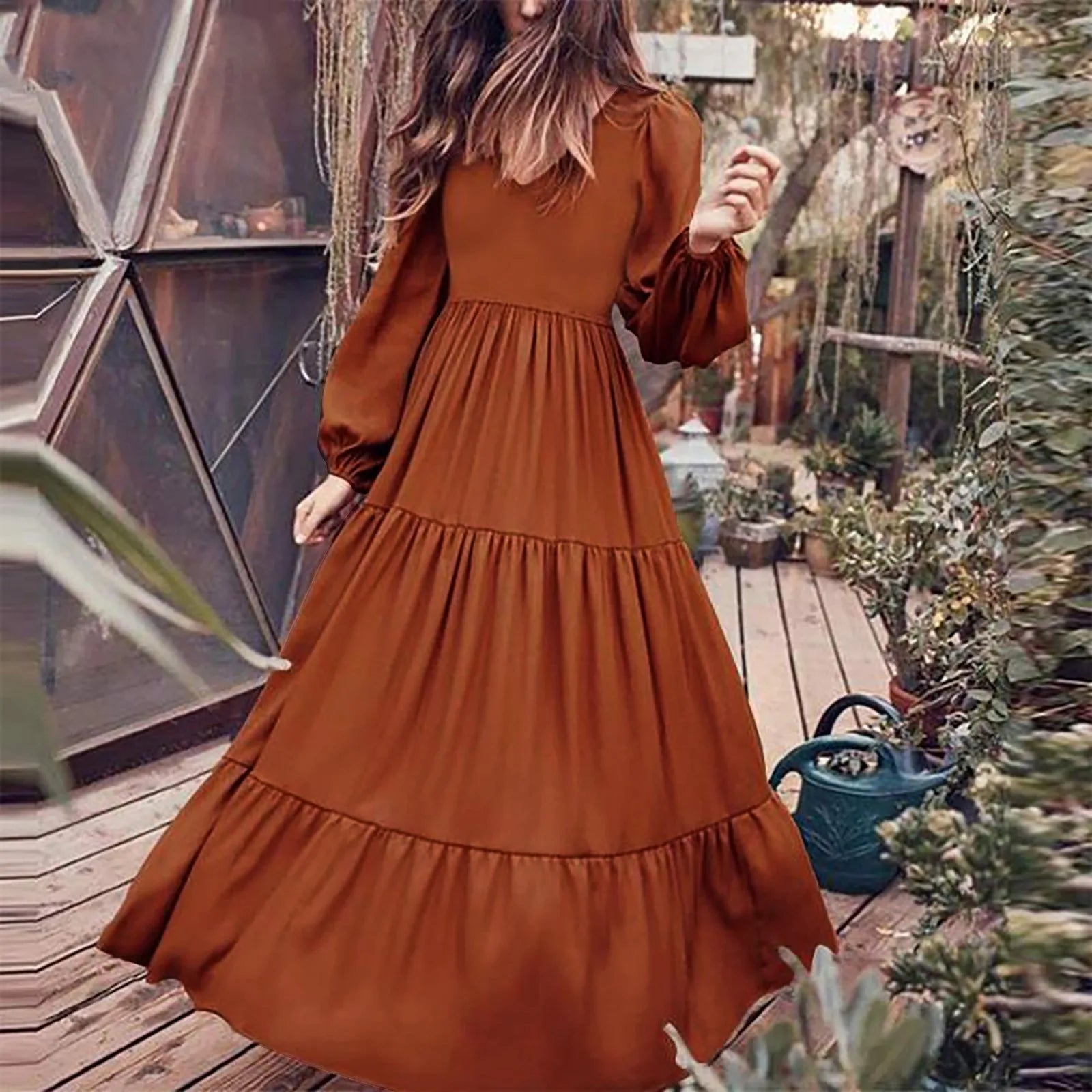Plus Size Solid Color VNeck ALine Boho Maxi Dress