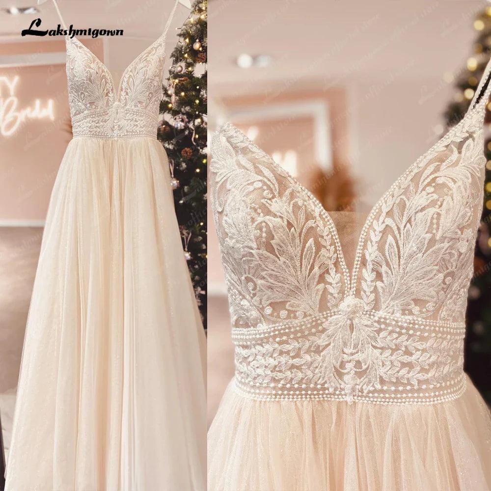 Spaghetti Straps Champagne Boho Wedding Dress For Women Vestido Civil Bridal Church Wedding Gowns suknie slubne - VelvetHem
